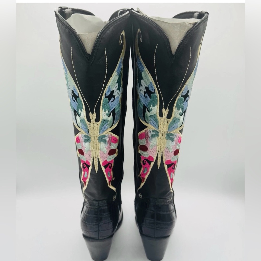 Dingo Butterly Embroidered Rhinestone Block Heel Boots Sz10 Leather Cowgirl - Picture 7 of 7